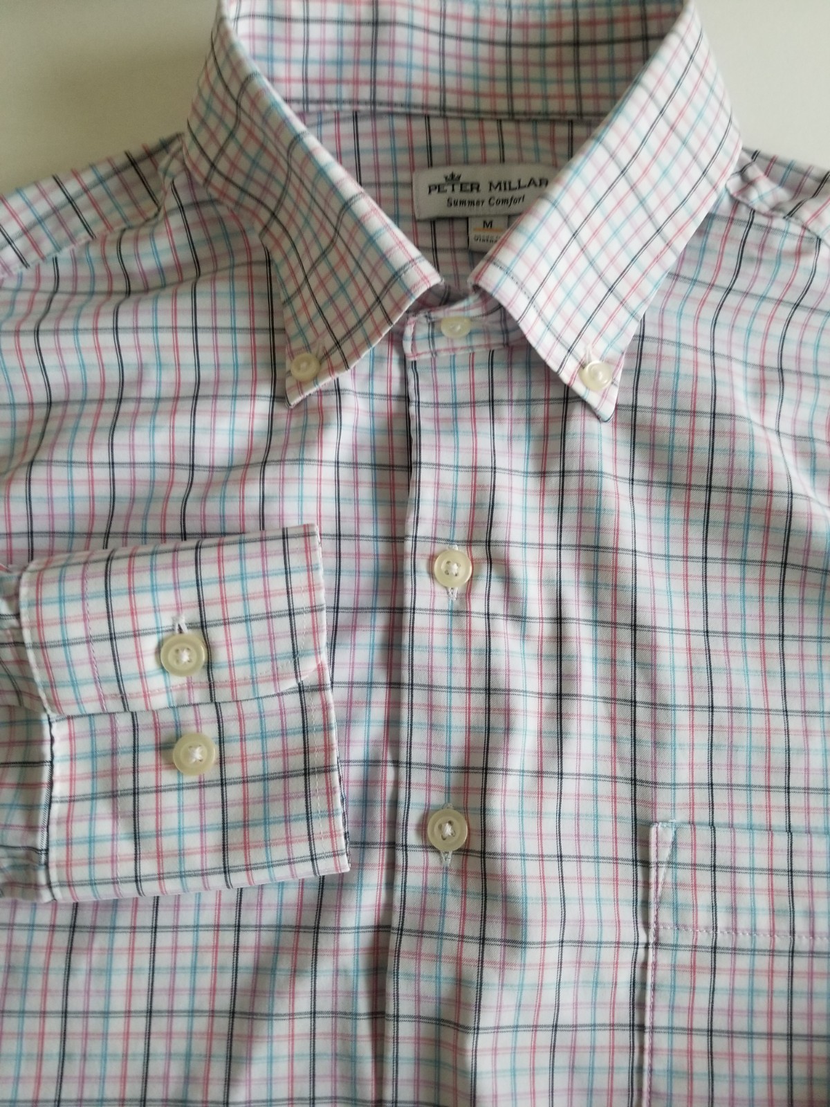 Peter Millar Shirt Mens Medium Plaid Button Down Long Sleeve Spandex Poly Blend