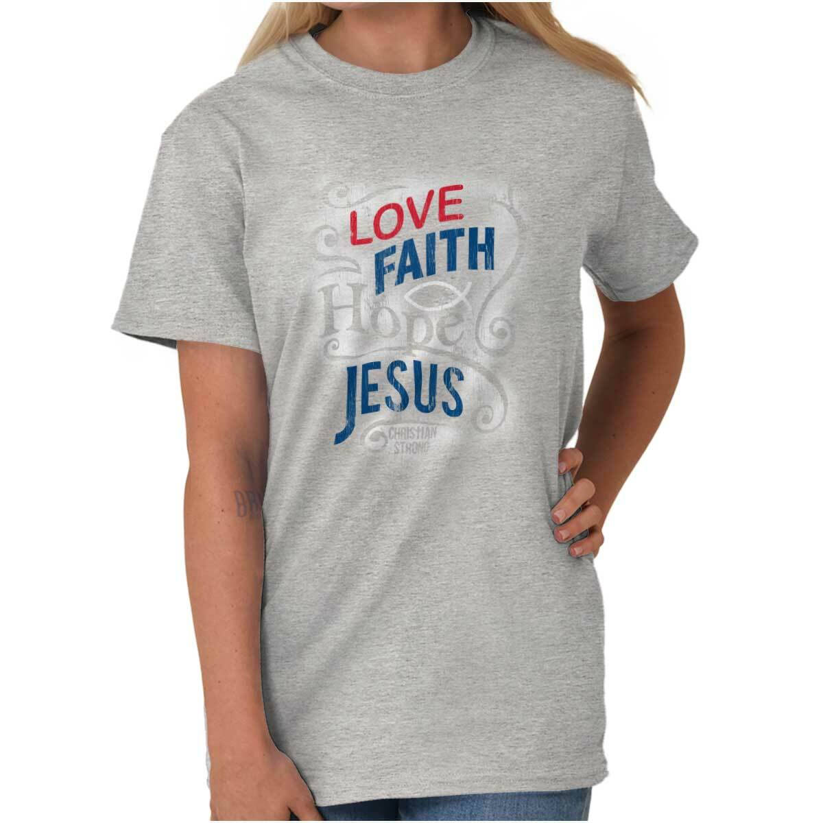 Christian Strong Faith Love Faith Hope Jesus Womens Graphic Crewneck T Shirt Tee
