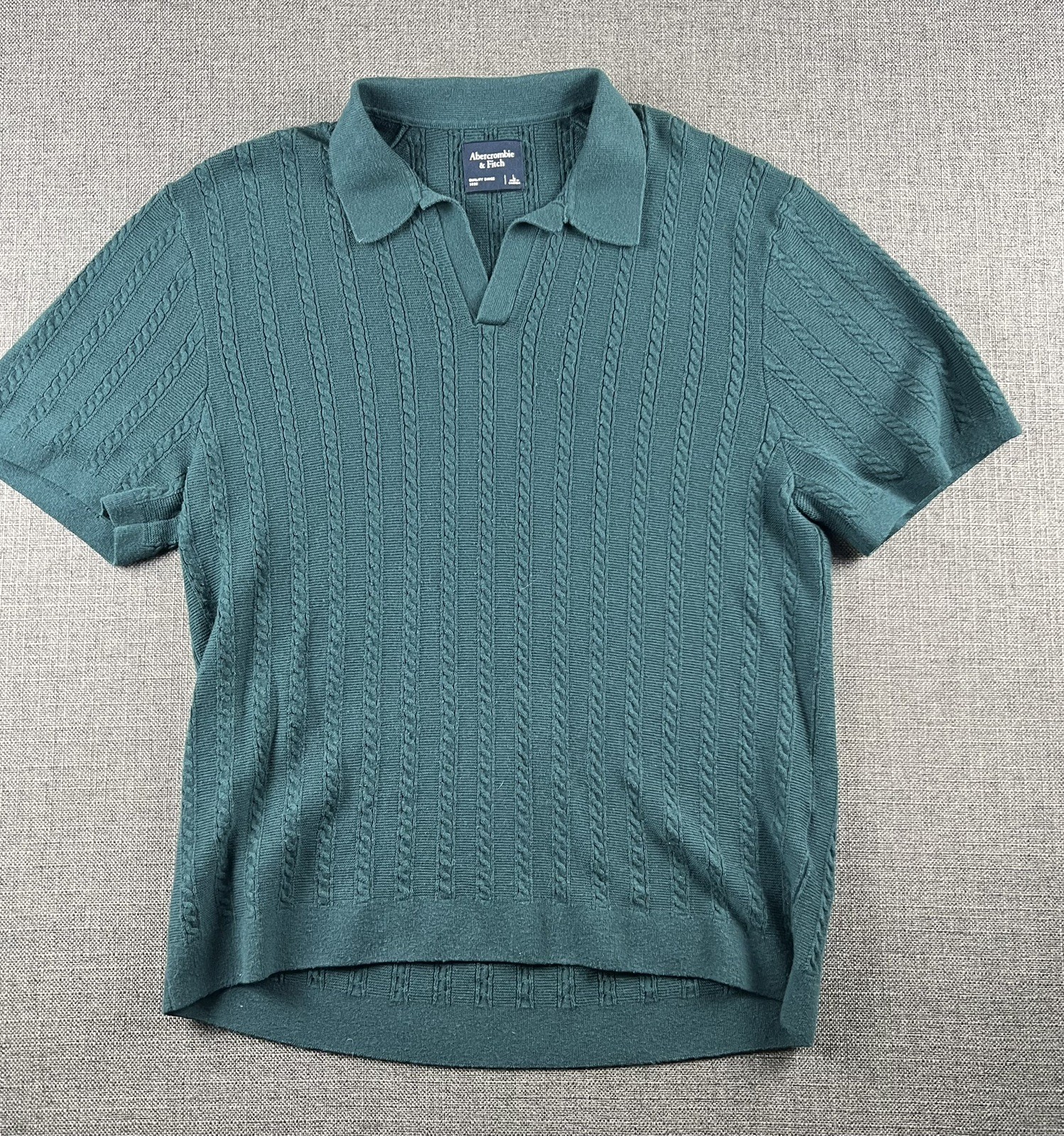 Abercrombie & Fitch Mens Cable Knit Polo Sweater Size LARGE Johnny Collar GREEN!