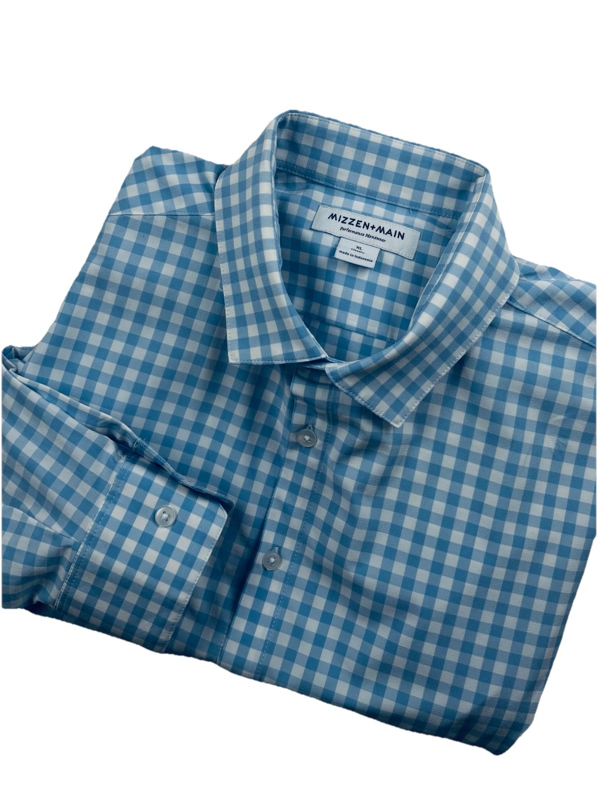 Mizzen + Main Men’s XL Light Blue And White Gingham Performance Fabric Non Iron