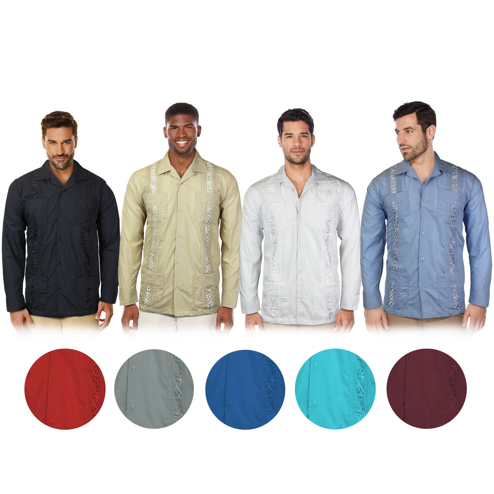 Men’s Beach Guayabera Casual Cuban Wedding Button-Up Long Sleeve Dress Shirt
