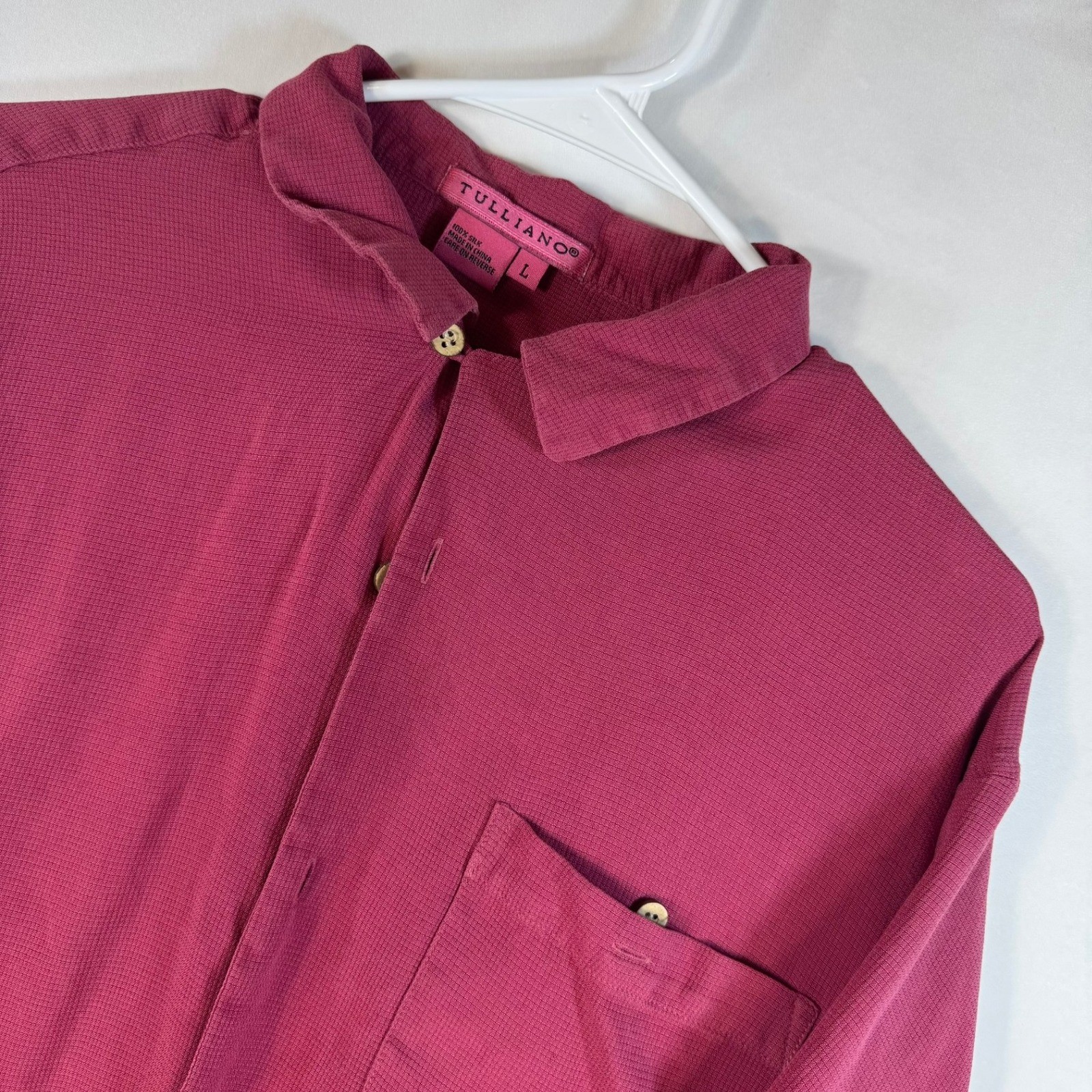 Tulliano Mens Large 100% Silk Short Sleeve Button Up Shirt Burgundy Red Textured
