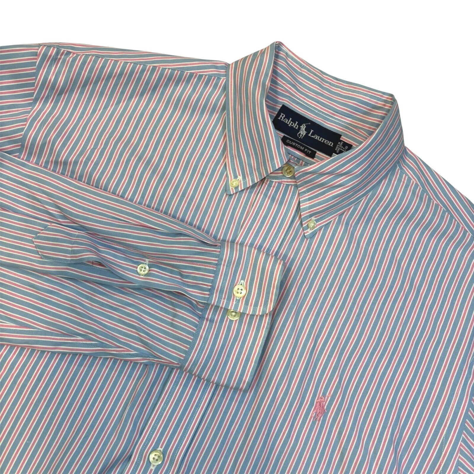 Ralph Lauren Striped Shirt Pink Blue Custom Fit Button Down Preppy 17 34/35 XL