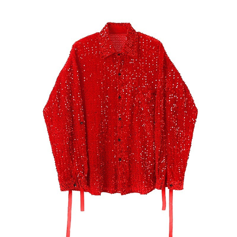 Men Sequined Velvet Button Shirt Long Sleeve Strap Glitter Nightclub Performance