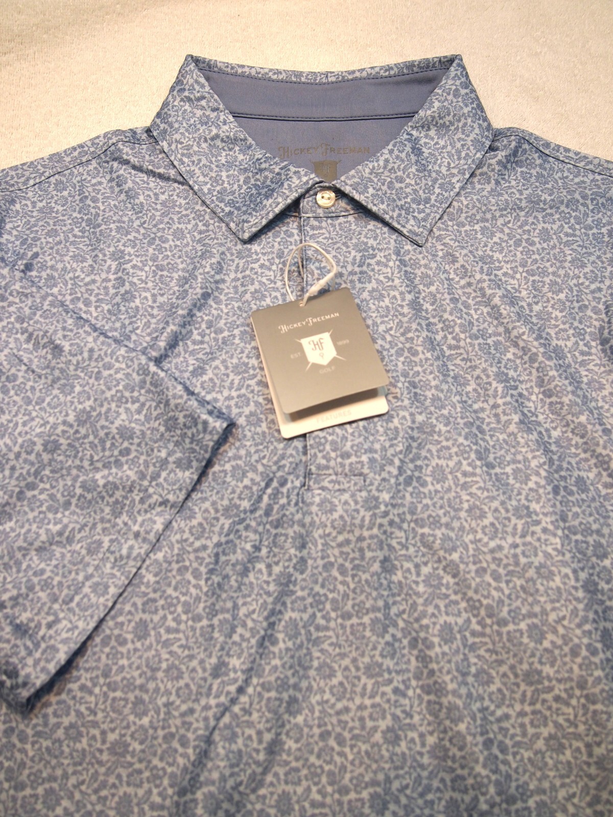 Hickey Freeman Performance Fabric Floral Pattern Golf Shirt NWT L $94 Light Blue