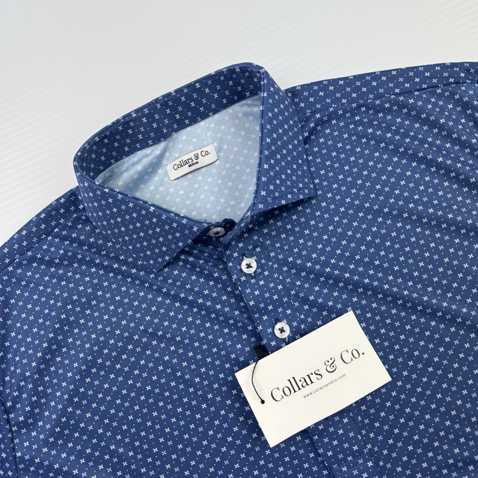 Collars & Co Dress Collar Polo Shirt Mens M Blue Performance Golf NWT Stretch