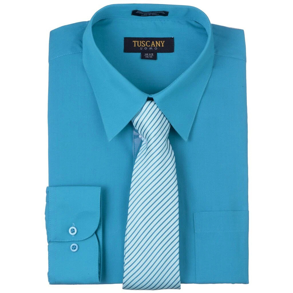 Men’s Dress Cotton-Blend Shirts W/ Matching (Random design) Tie Set – TURQUOISE