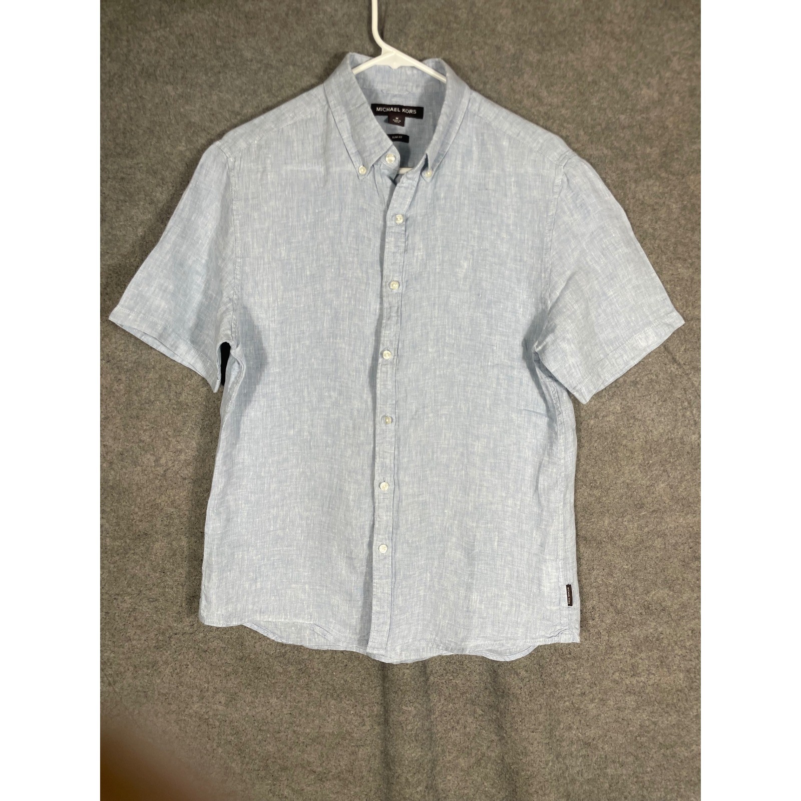 Michael Kors Mens Slim Fit Short Sleeve Linen Button Down Shirt Light Blue Med