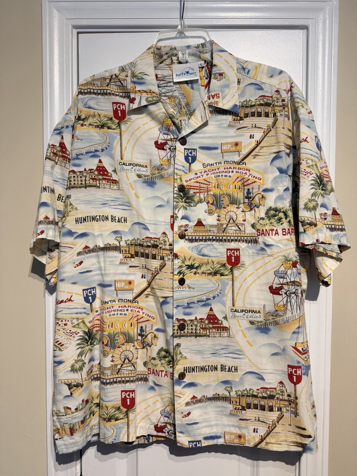 Surf Squirt California OC Beach Cities Santa Monica PCH Hawaiian Shirt Sz L