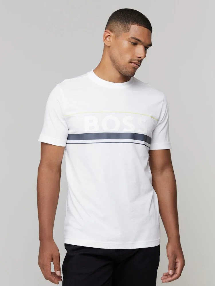 BOSS White Iconic Zone Embossed Logo Stripe Detail T-Shirt