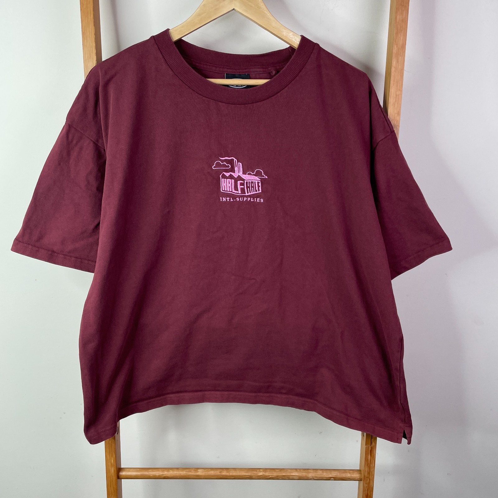 Half Half Intl Supplies T-Shirt Mens Large Maroon Solid Graphic Print Crew Neck