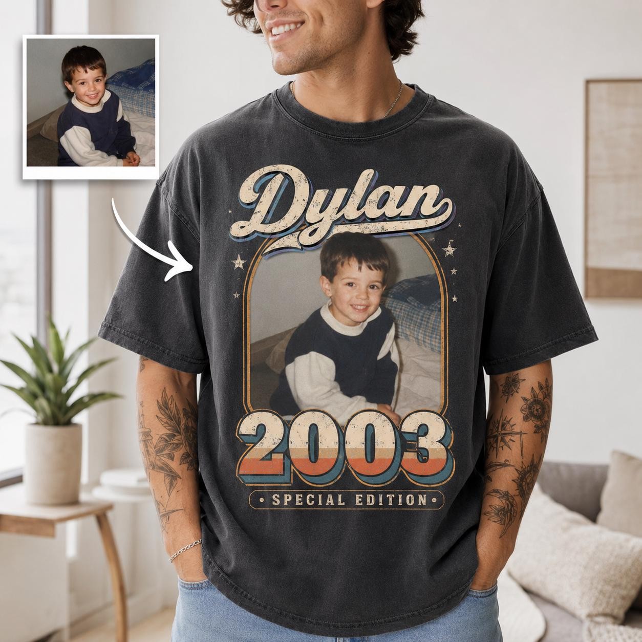 Custom Photo T-Shirt Personalized Name Vintage Retro Picture Cotton Tee Gift