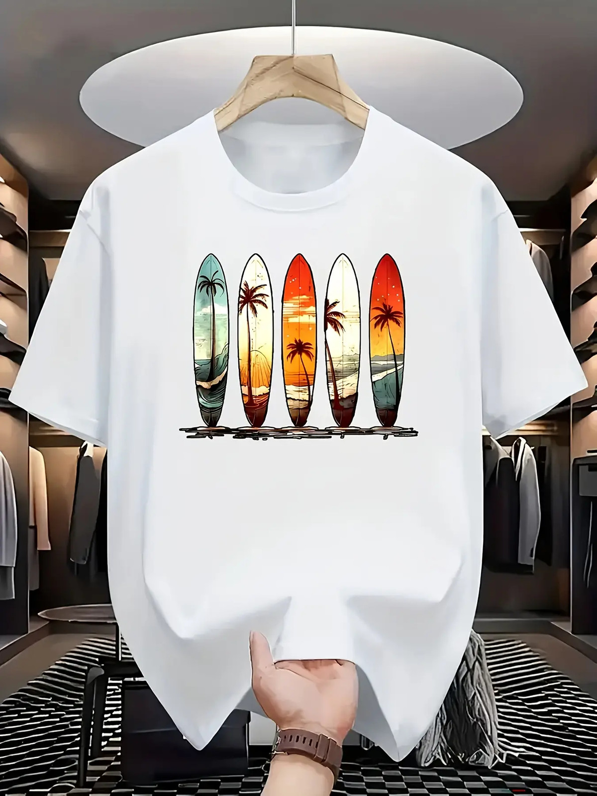 Men’s Oversized Graphic T-Shirt, Retro Surf Style with Tropical Sunset Print
