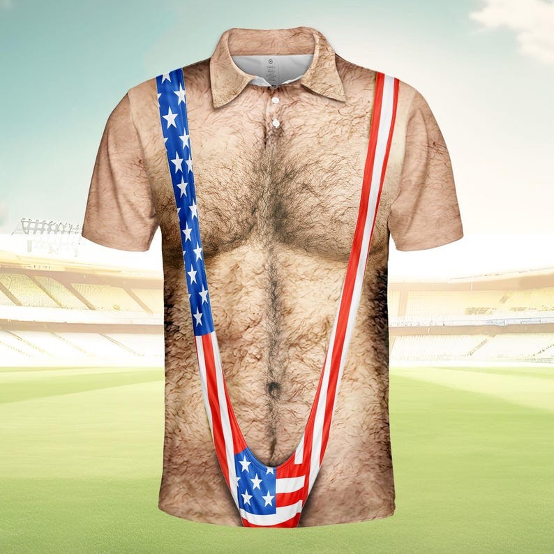 Funny American Flag Polo Shirt for Men, Hairy Chest Illusion USA Print, Patrioti