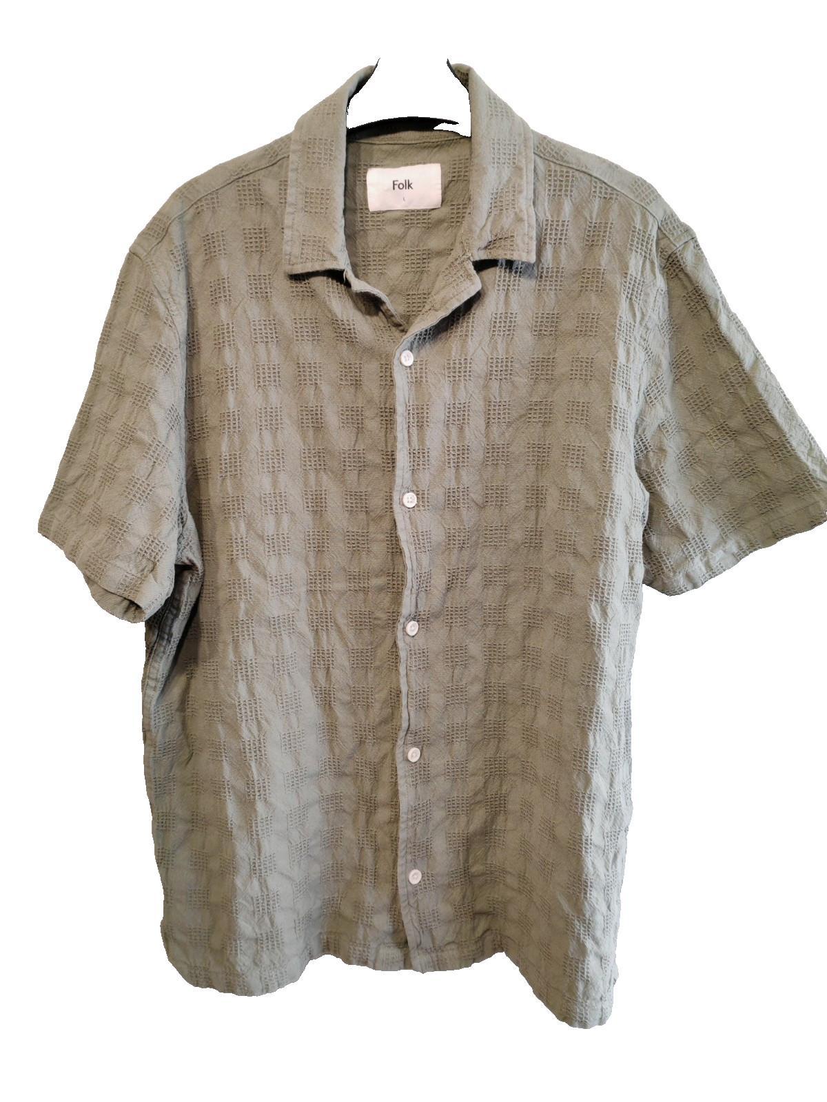 Folk Shirt Mens Large Green Textured Pattern Short Sleeve Camp Collar Button Up