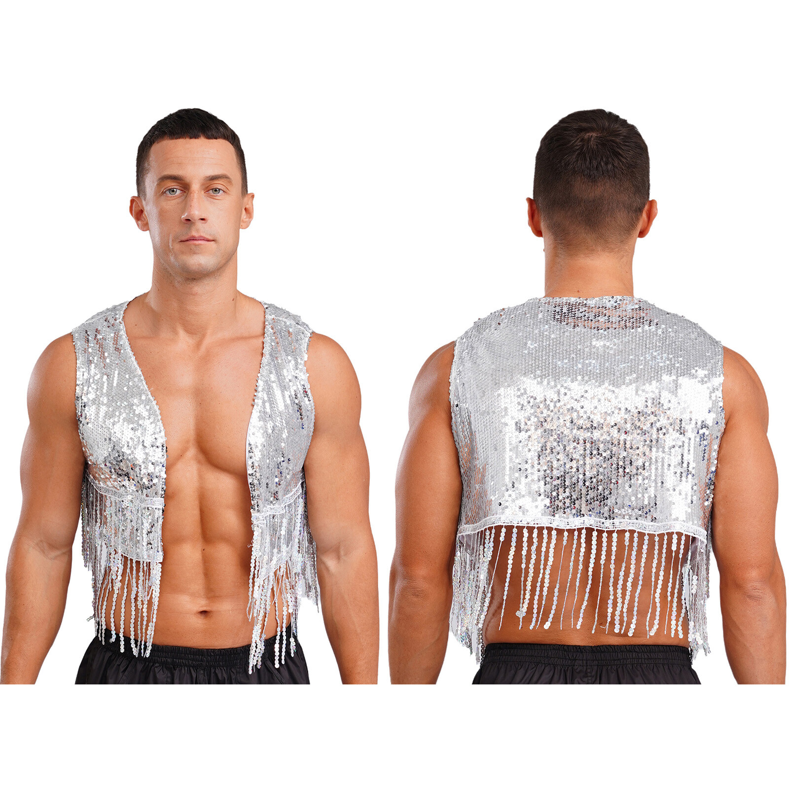 Men’s Shiny Fringe Sequins Vest Glitter Tassel Waistcoat Dance Party Tank Tops