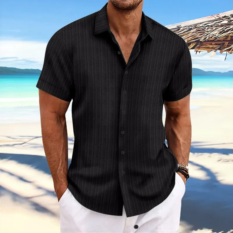 Mens Cotton Linen Striped Shirt Jacquard Casual Short Sleeve Loose Beach Top