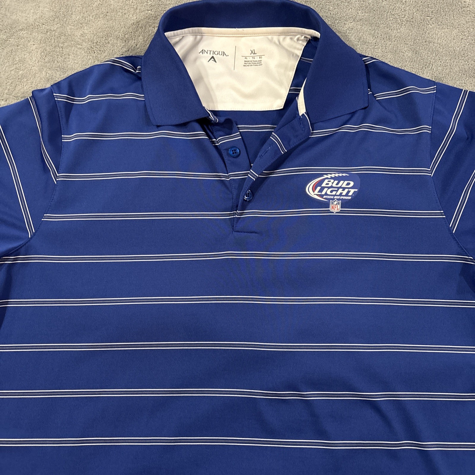 Bud Light Antigua Men’s XL Blue Pinstripe Polo Shirt NFL Performance #042