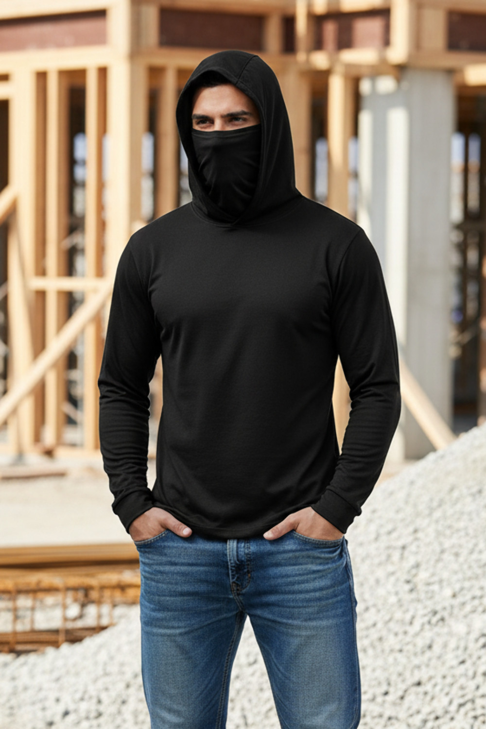 Long Sleeve Hooded Work Shirt with Built-In Face Mask – Everyday Colors