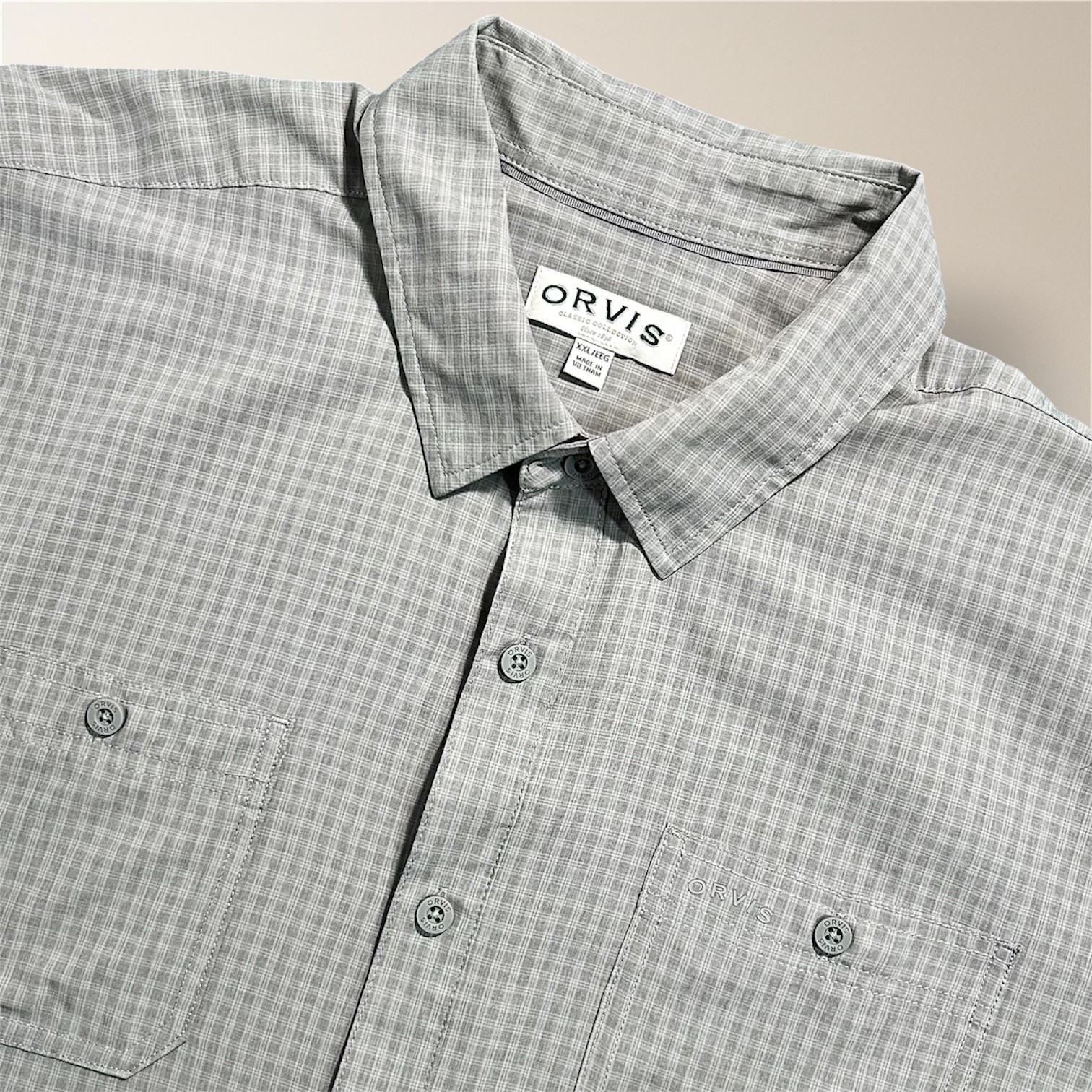 Orvis Mens XXL Grey Plaid Short Sleeve Button Down Shirt UPF Fishing Hiking