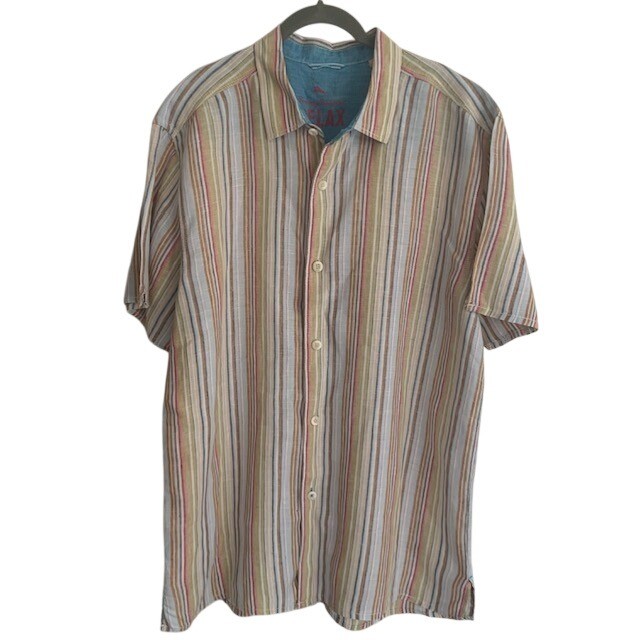 Tommy Bahama Relax 100% Linen Shirt XL Striped Short Sleeve Preppy Camp Coastal