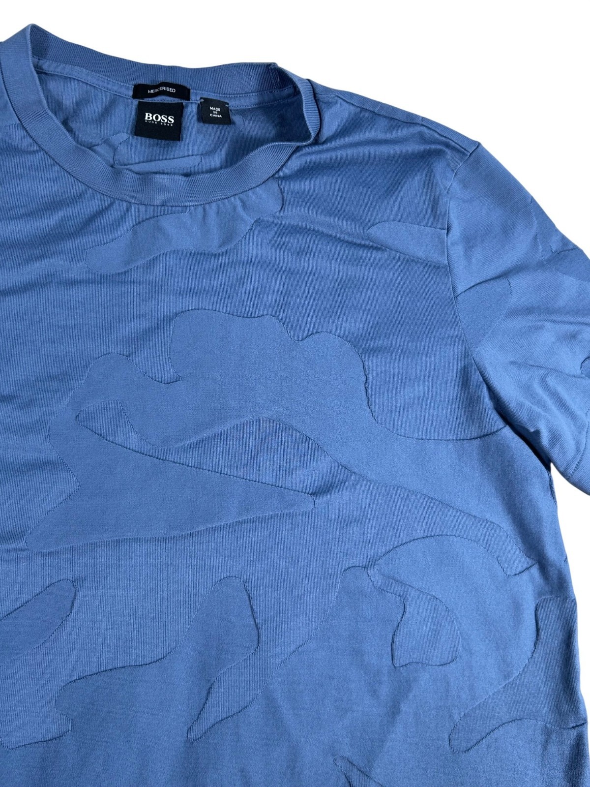 Hugo Boss Blue Mercerised Cotton T-Shirt Men’s L Textured Pattern Short Sleeve