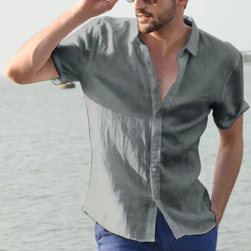 Mens Linen Shirt Short Sleeve Button Down Casual Beach Vacation Shirt
