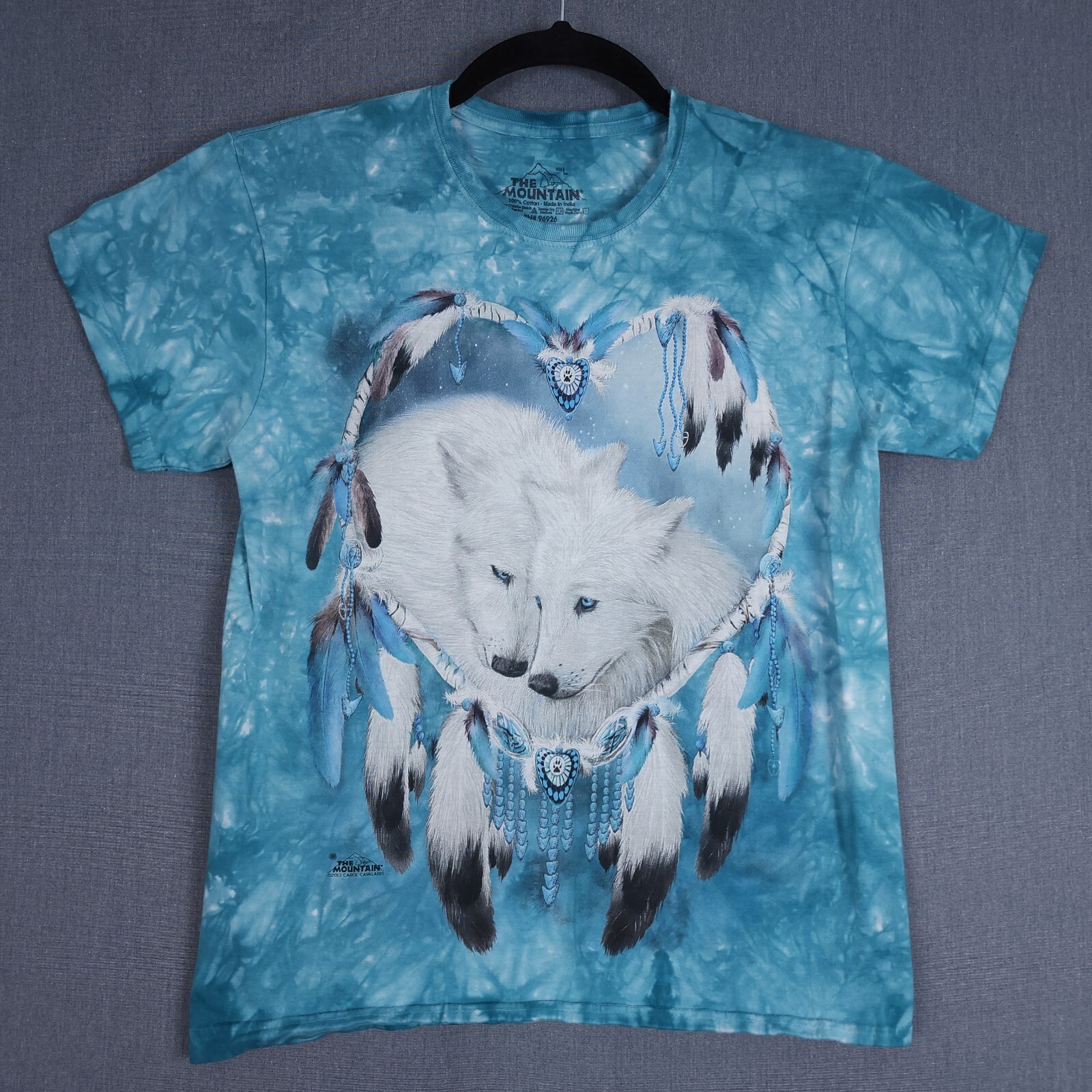 The Mountain Shirt Adult L Blue Tie Dye Wolf Dreamcather Crew Carol Cavalaris