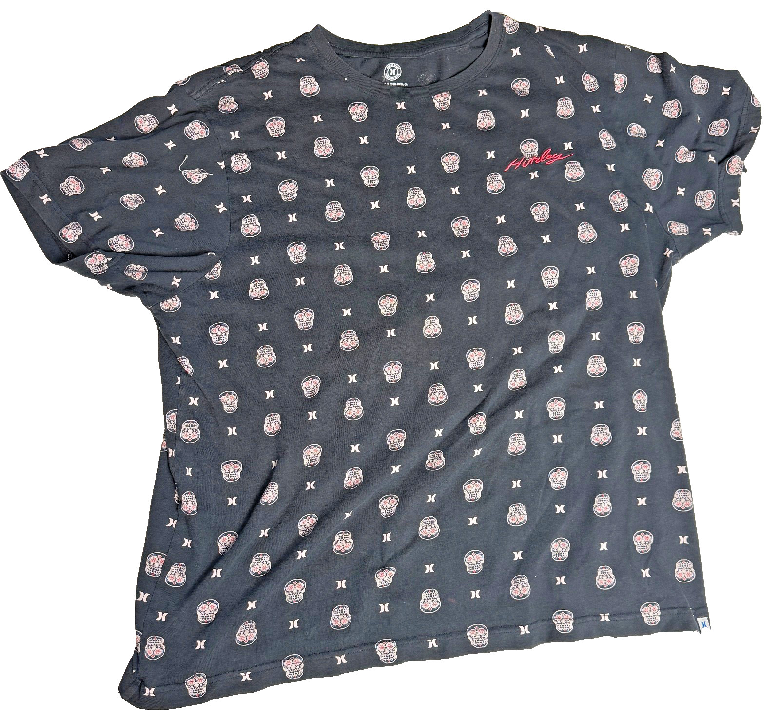 Hurley Sugar Skull All Over Print T Shirt Mens XXL Black Pink 100% Cotton Tee