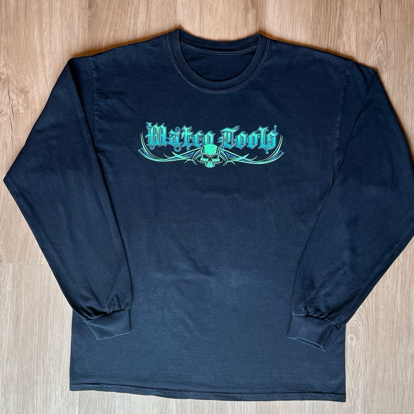VTG Style Matco Tools Long Sleeve Graphic Shirt Green Skull Thrashed Grunge