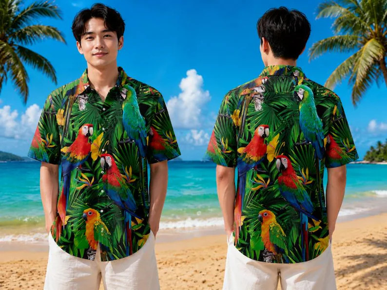 Hawaiian Shirt With Tropical Wildflower And Parrot Print, Hawaiian Shirt For