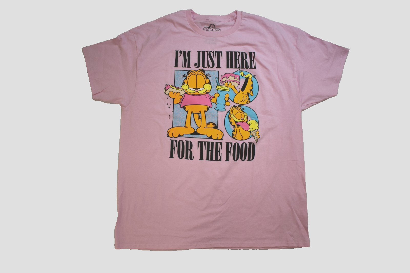 Garfield Adult Size I’m Just Here For The Food Shirt Funny Pink Shirt New S-2XL