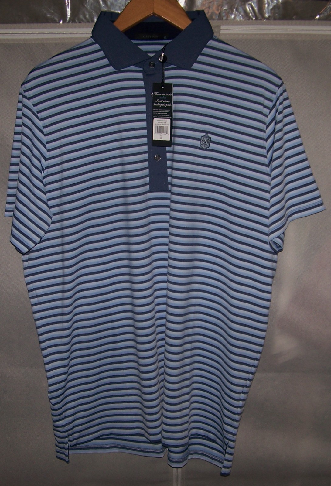 NEW $110 GREYSON Polyester Spandex Polo Shirt DEEPDALE GOLF CLUB XL Blue Striped