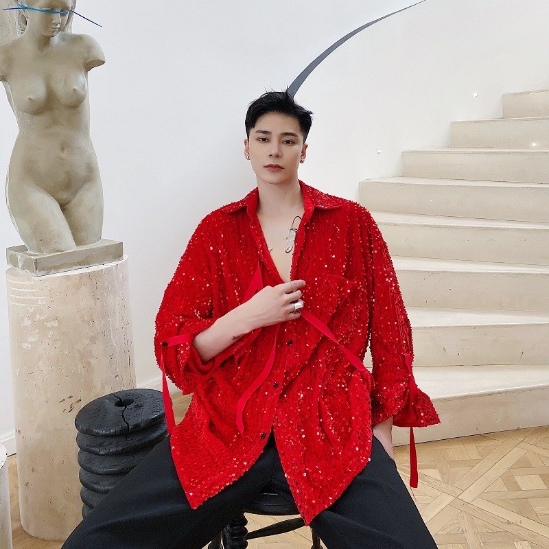 Men Sequined Velvet Button Shirt Long Sleeve Strap Glitter Nightclub Performance