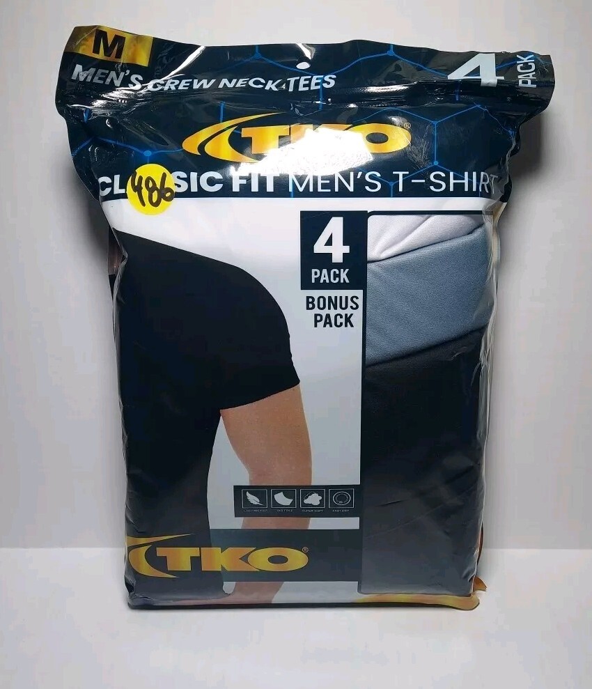 TKO Men’s Size M – Classic Fit T-Shirt 4-Pack Crew Neck T. = 2 Blk/1 Gry/ 1 Wht