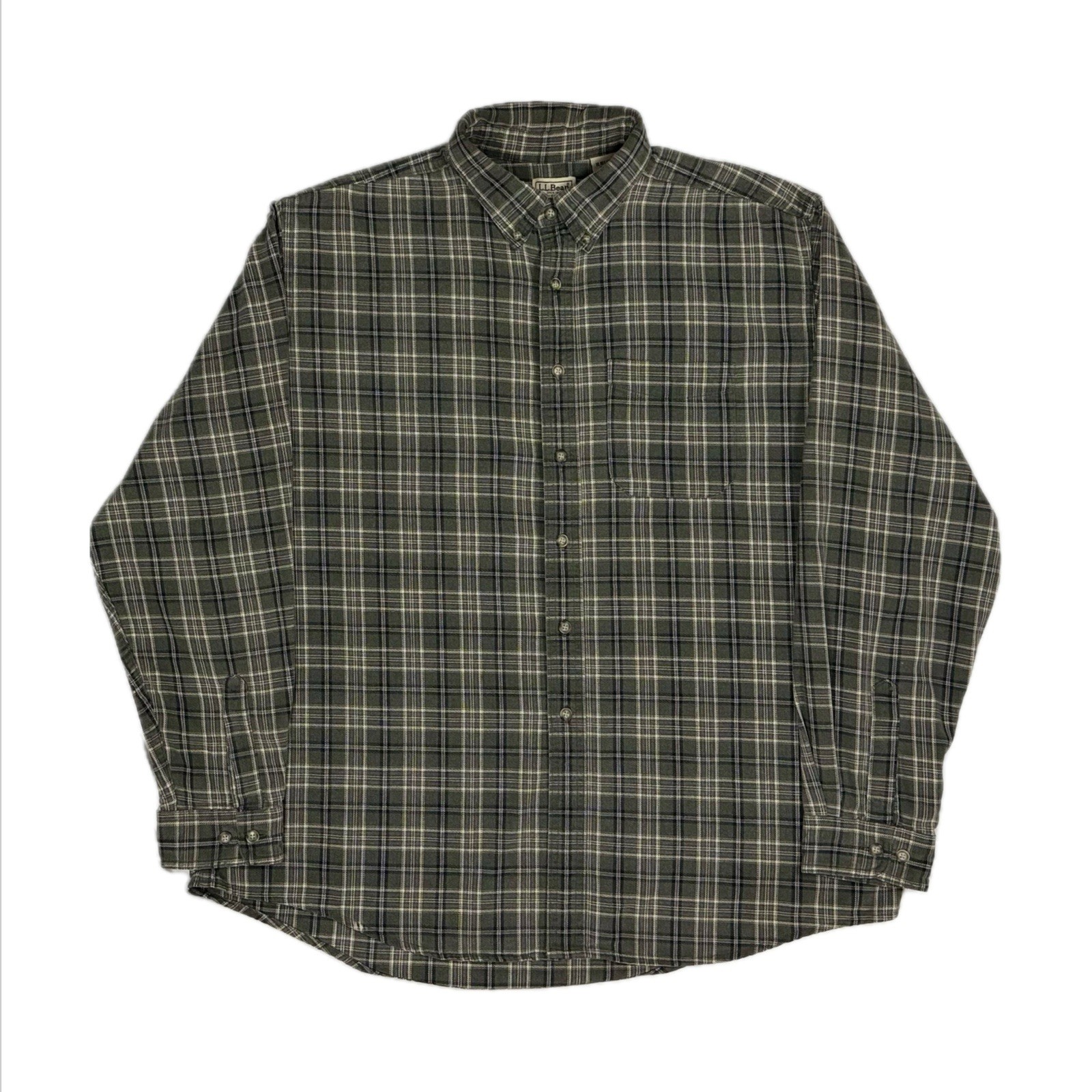 LL Bean OMT30 Made in Canada 100% cotton khaki green plaid Flannel Shirt Mens XL