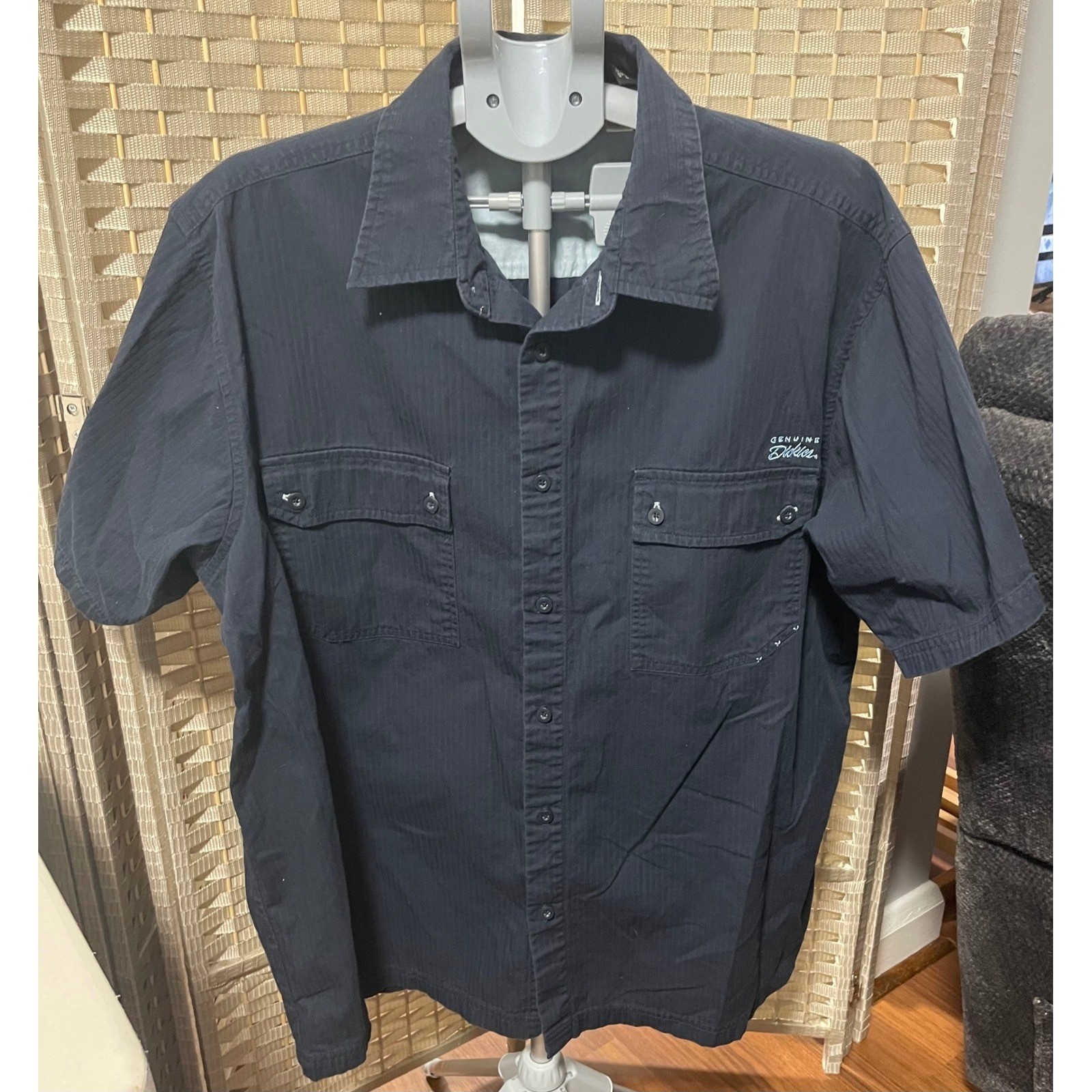 Genuine Dickies Mens 2XL Navy Blue Short Sleeve Button Down Work Shirt Textured