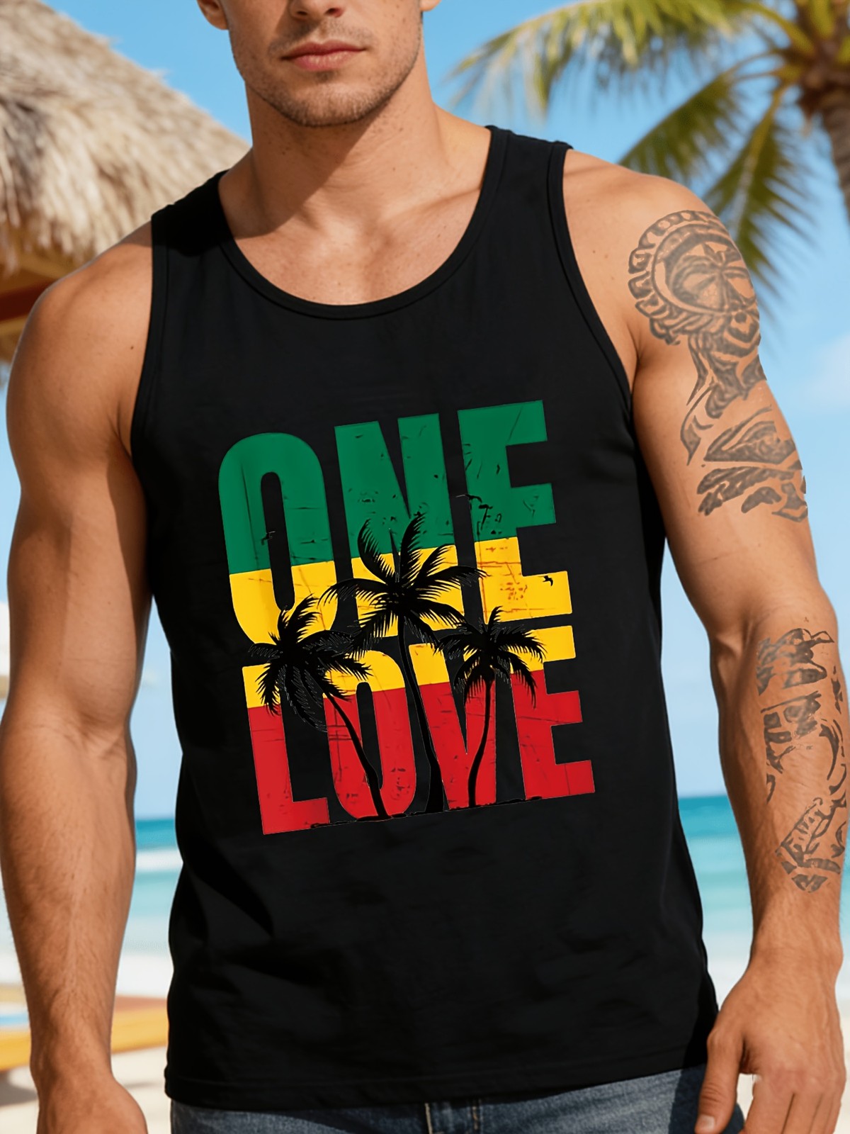 Mens Beach Print Round Neck Sleeveless Tank Top Machine Washable Casual Vest❀