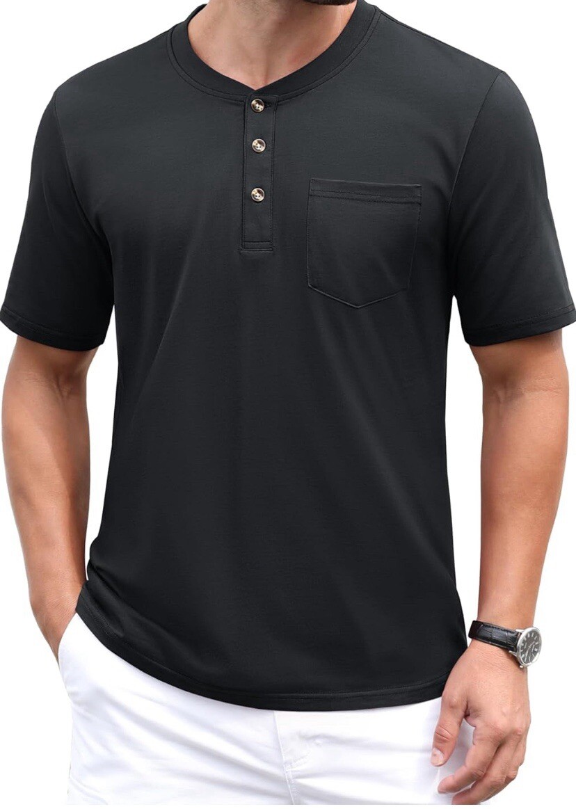 MAGCOMSEN Men’s Henley Shirts Short Sleeve Pocket Tee Shirts Black Size S