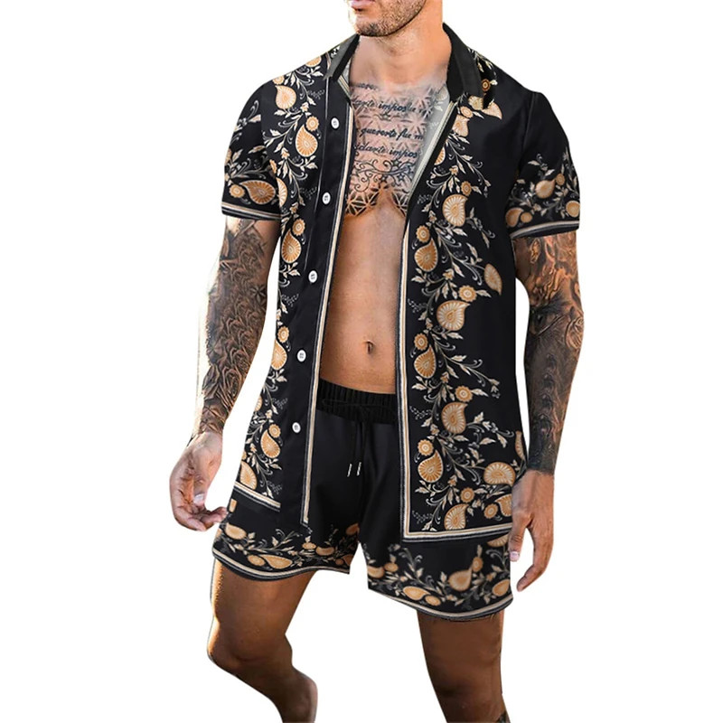 Men 2-Piece Set Summer Outfit Short Sleeve Sweatshirt T Shirts and Shorts Suits