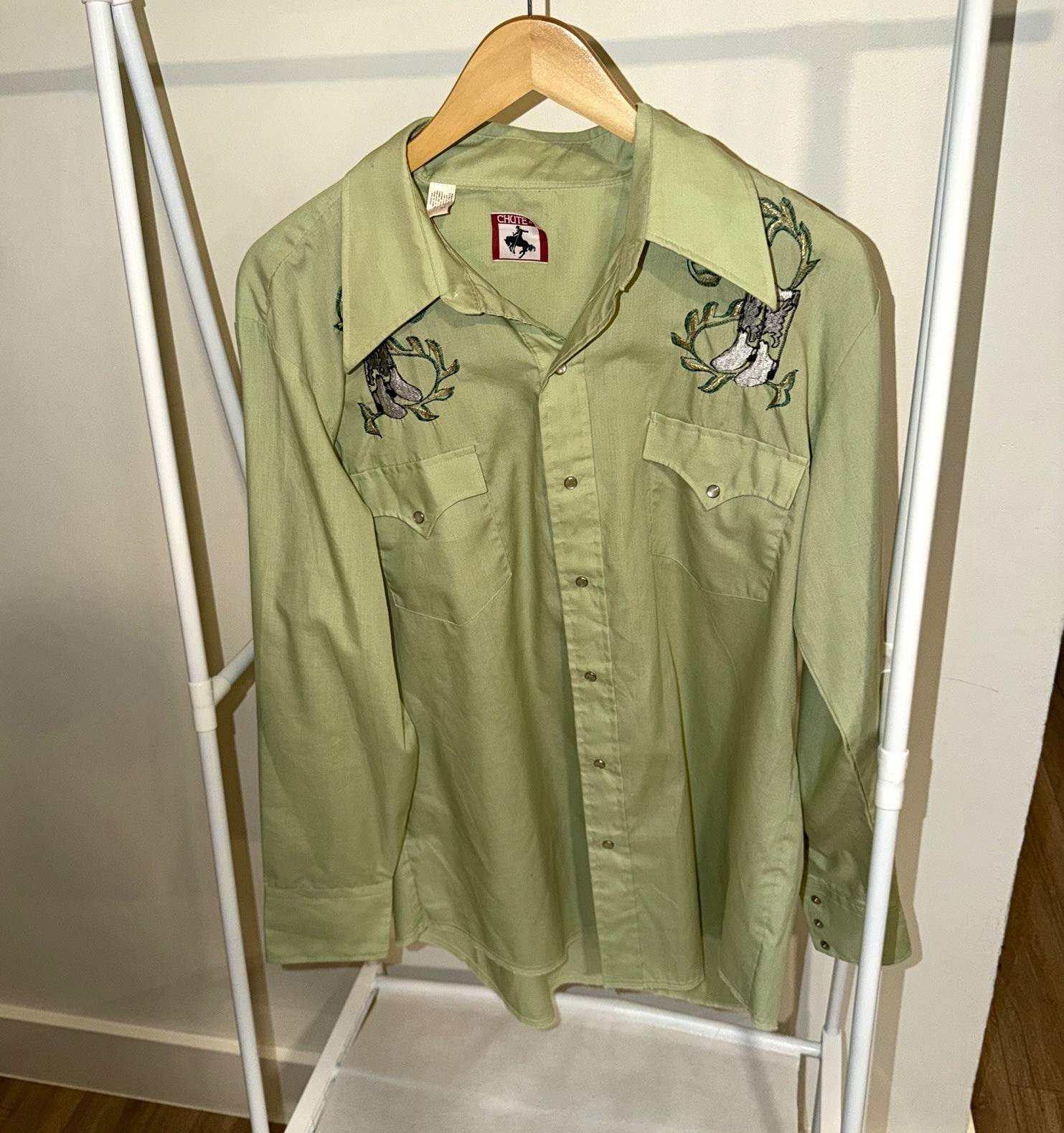 Chute Men’s Western Snap Button-Up Shirt Embroidered Pockets 17-34 Green