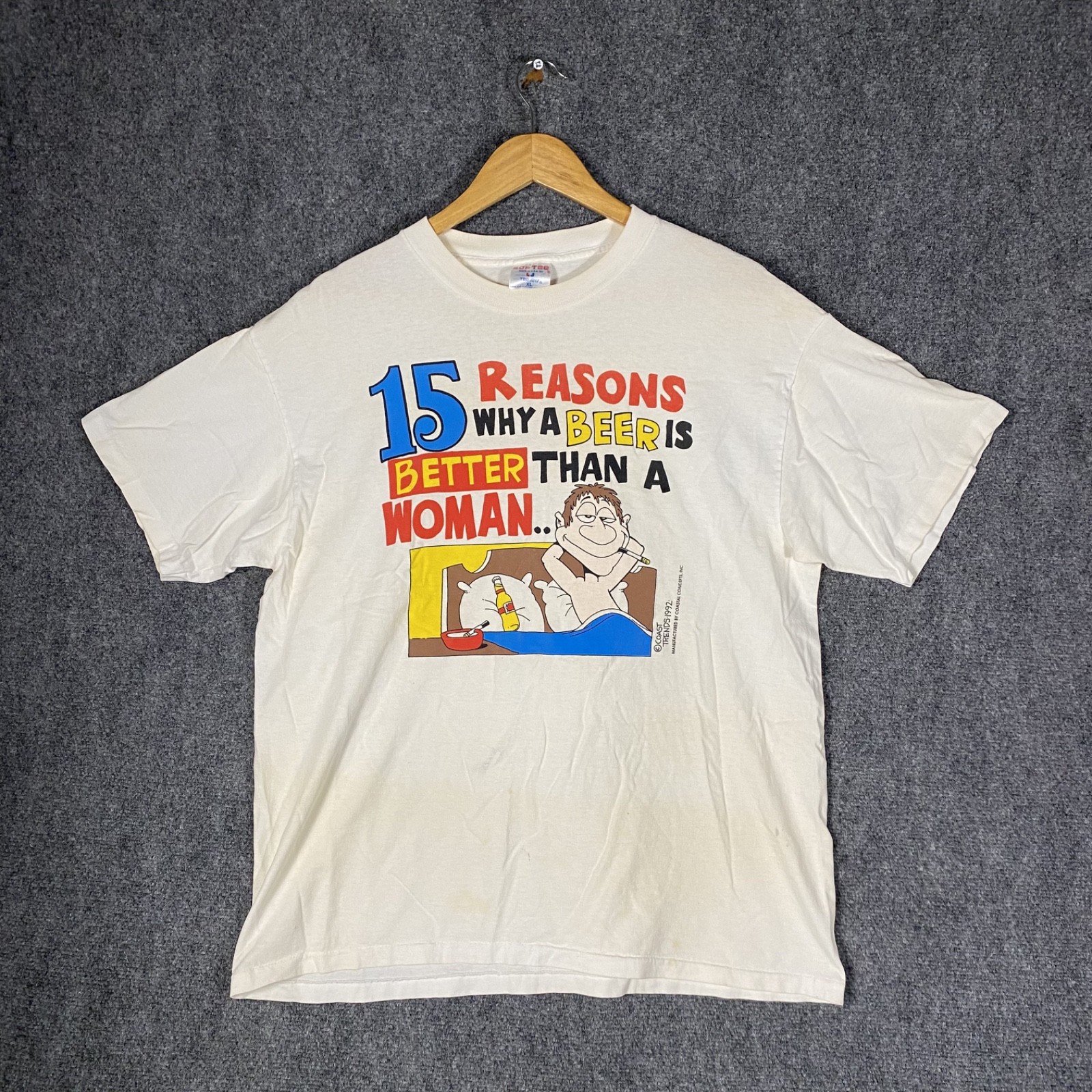 Vintage Beer T Shirt Mens XL White 90s Funny Cartoon Drinker 15 Reasons Cotton