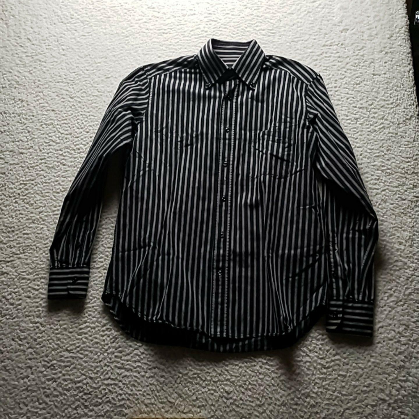 Lancetti Dress Shirt Mens 15.5 Black Stripe Button Front Long Sleeve Woven