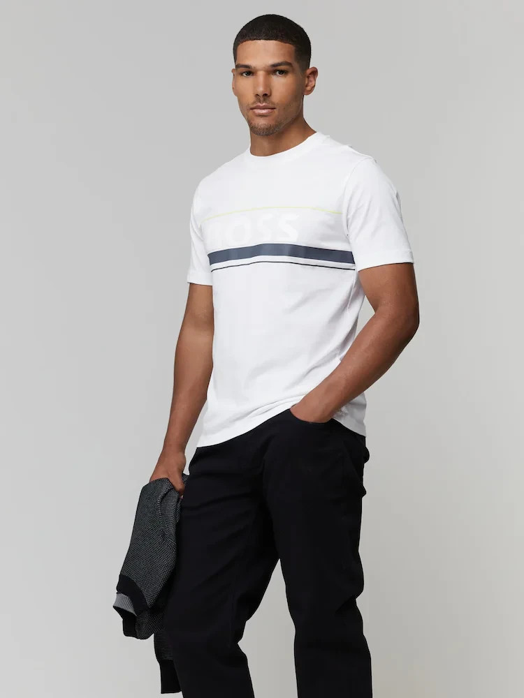 BOSS White Iconic Zone Embossed Logo Stripe Detail T-Shirt
