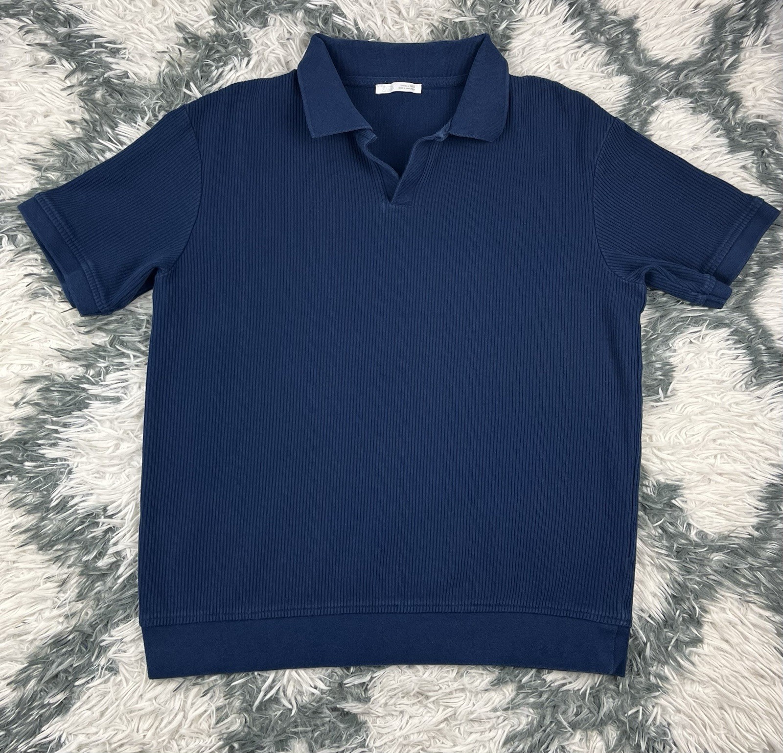 Zara Men’s Blue Ribbed Knit Johnny Collar Polo Shirt Size Large