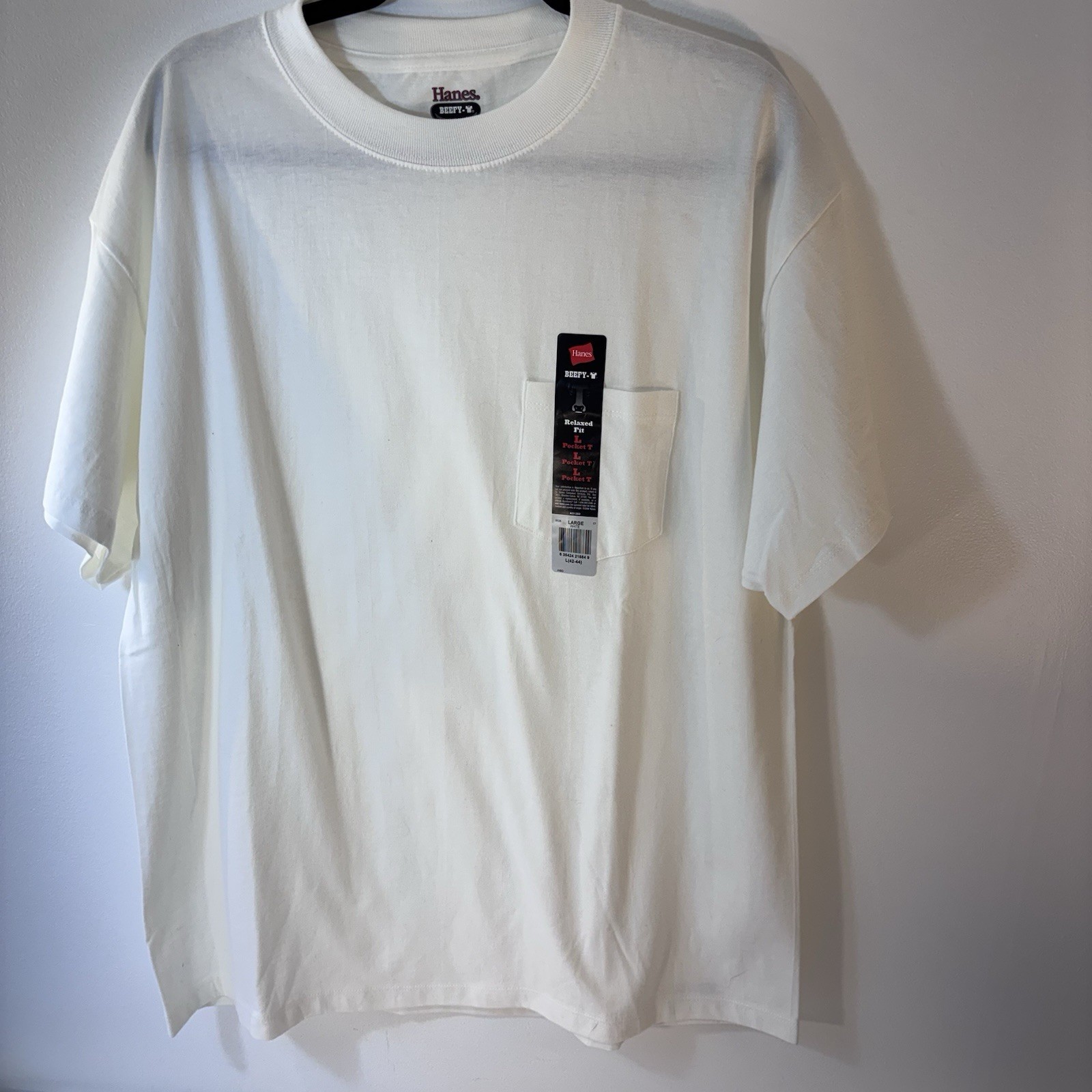 Hanes Adult Beefy-T. T-Shirt with Pocket. Size Large -White Relaxed Fit