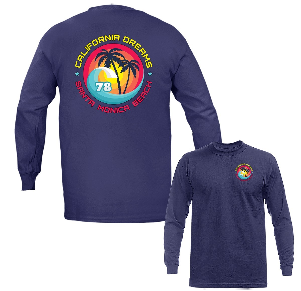 California Dreams Santa Monica Beach Retro Surf Palm Tree Long Sleeve T-Shirt
