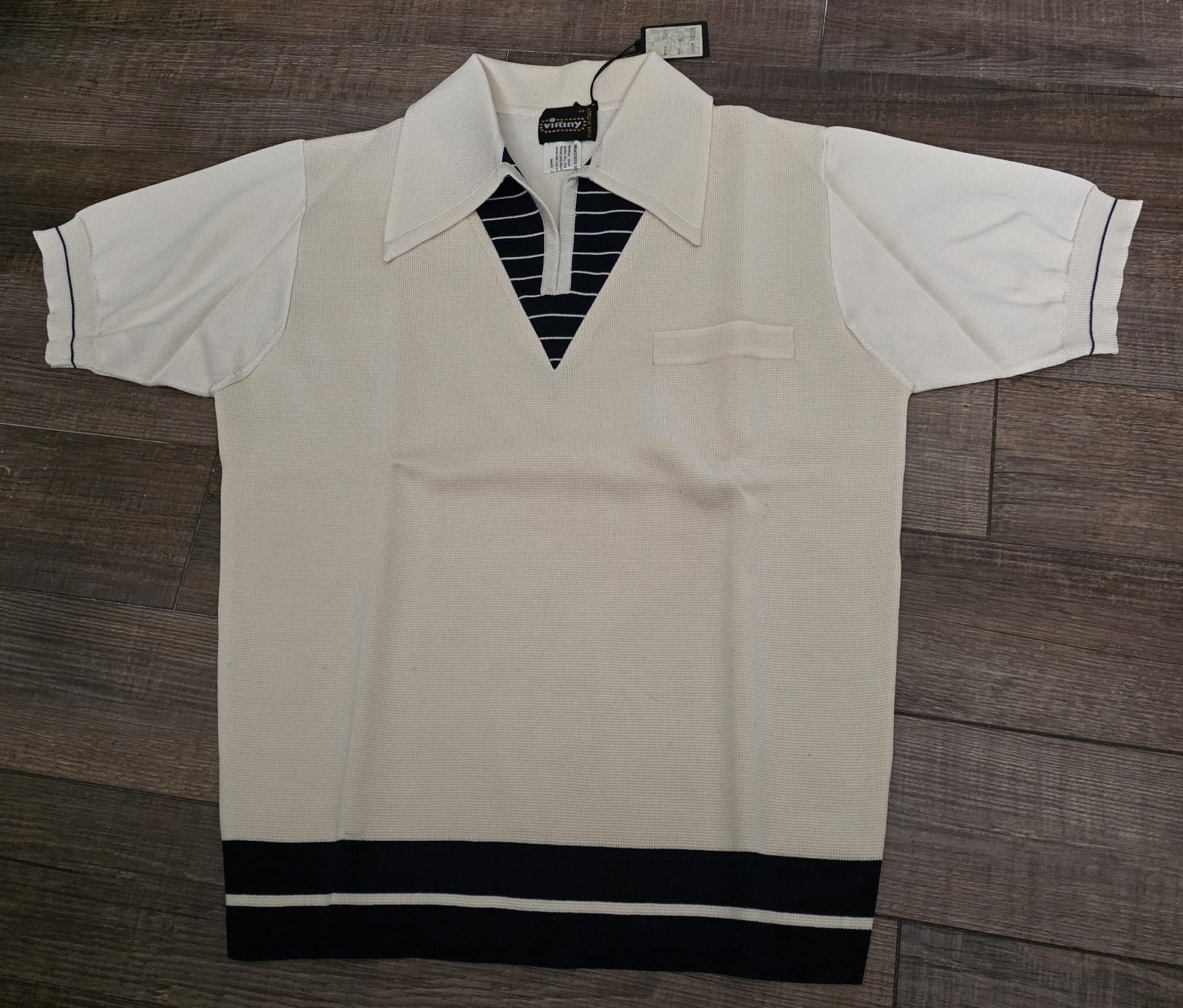Vtg Virany Polo Shirt Men’s M Beige & Navy Acetato Knit 70s Made in Italy New