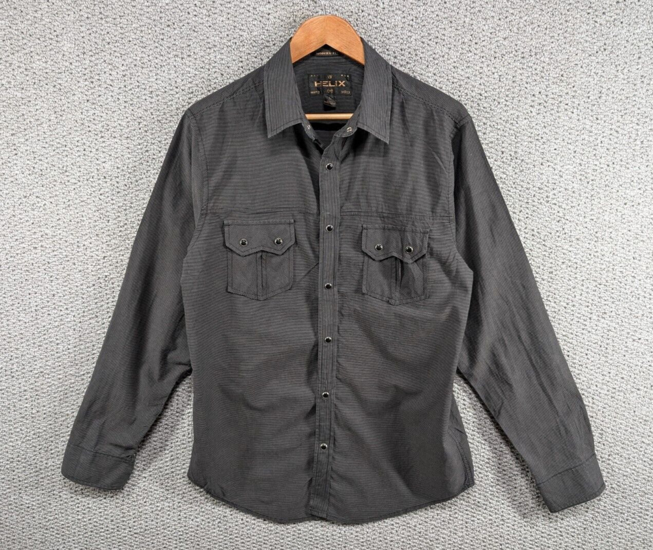 Helix Modern Slim Fit Men’s Grey Striped Casual Snap Button Shirt L