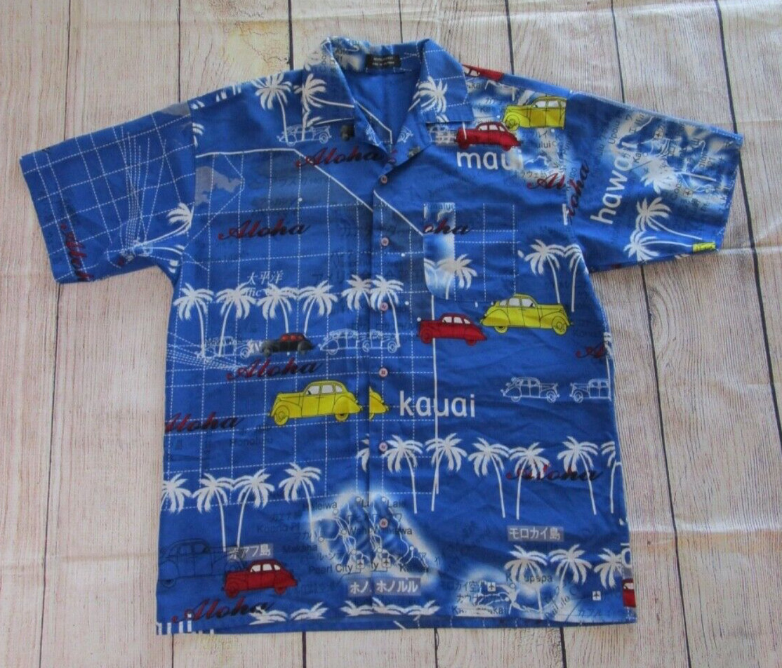 Blue Hawaiian Shirt Japanese English Writing Vtg Cars Aloha Maui Kauai Mens XL